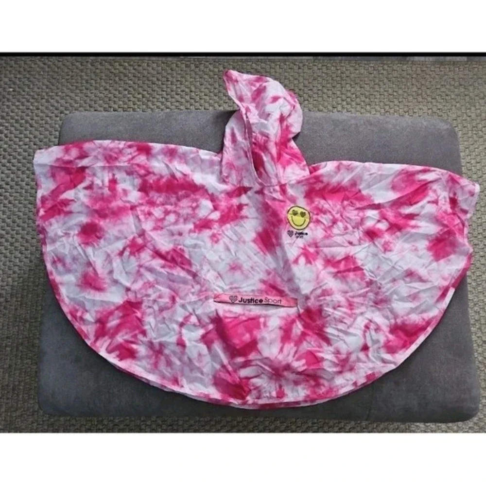 Justice Sport Girls Pink Tie Dye Packable Rain Poncho Hooded One Size Fits‎ All